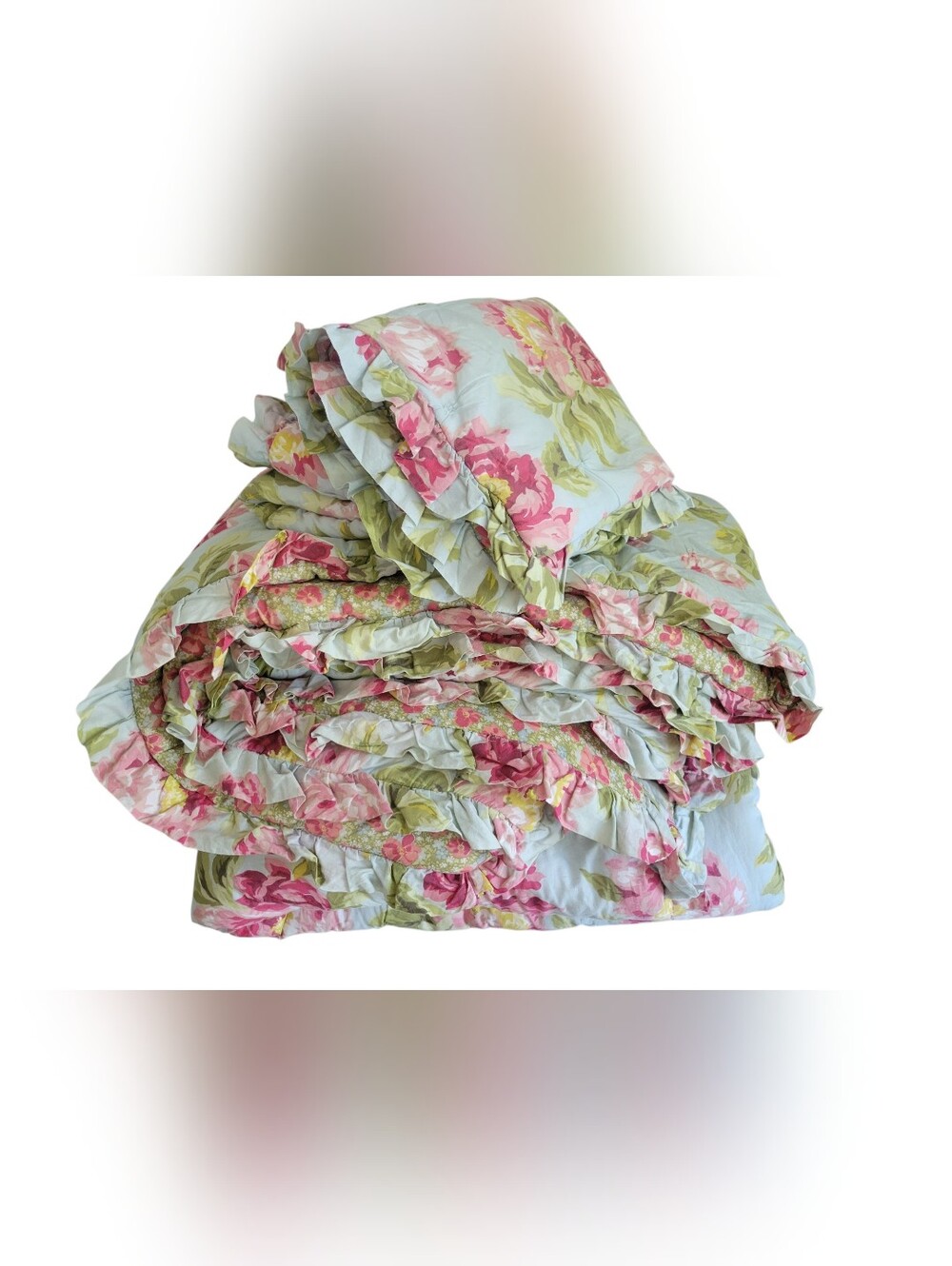 Pottery Barn Peony Floral Reversible Ruffle Comforter Pink, Green Std Shams HTF